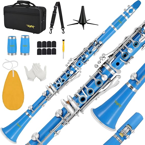 B Flat Clarinet, 17 Keys, Blue, ABS Material, Nickel-Plated Keys, Includes Case, Strap, 2 Barrels, 8 Mouthpiece Cushion, Cleaning Kit