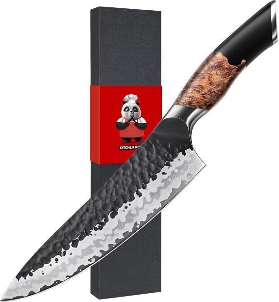 SHAN ZU Cuchillo Japonés Forjado a Mano, Cuchillo de Cocina 20 cm, 7 Capas Cuchillo de Chef Afilado de Acero al Carbono, Cuchillo Gyuto Profesional para Verdura y Carne, Mango de Madera de Arce