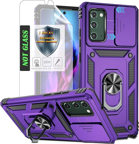 Note 20 Case with Slide Camera Cover & HD Screen Protector, Heavy Duty Shockproof Protective Case with Rotated Ring Kickstand for Galaxy Note 20,Purple
