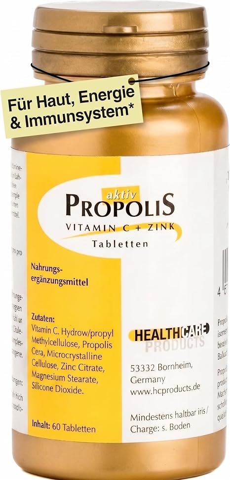 Propolis Tabletten hochdosiert + Vitamin-C & Zink – 60 Stück (2-Monatsvorrat) – Natürliche Unterstützung für Immunsystem Haut & Haare – bei Allergien Halsschmerzen starkes Antioxidans - Zuckerfrei