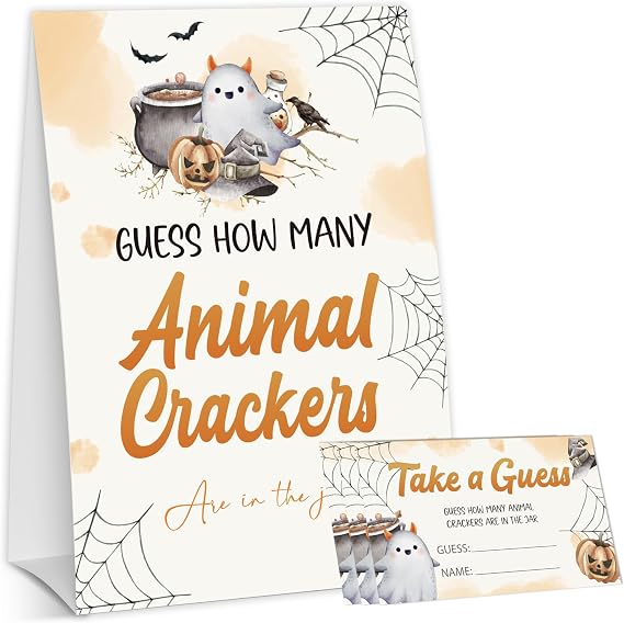 ハロウィンベビーシャワーゲーム、Little Ghost Guess 不気味な性別のための動物のクラッカーの数 不気味なパーティーデコレーション、サイン1枚+推測カード50枚 - B08