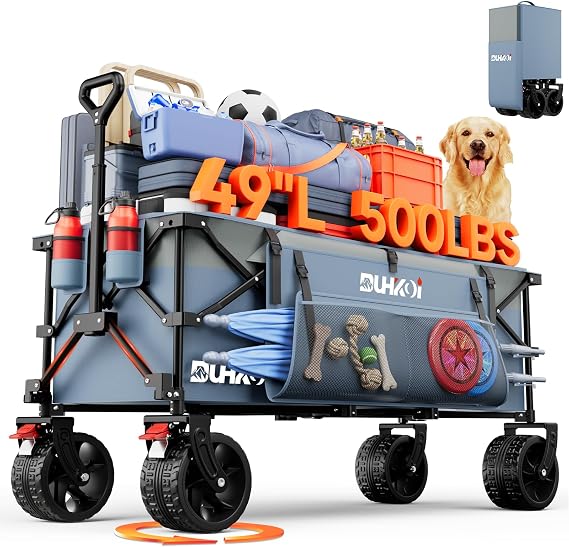 49 L Collapsible Extended Wagon with 500lbs Weight Capacity,300L Heavy Duty Sports Wagon,Big All-Terrian Wheels with Cup Holders,Cart for Sports,Grocery,ShoppingLightBlue