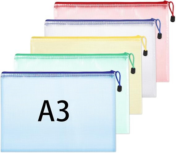 A3 Plastic Wallets, 5 Pack Zip Lock Bags Mesh Document Wallet File Folders