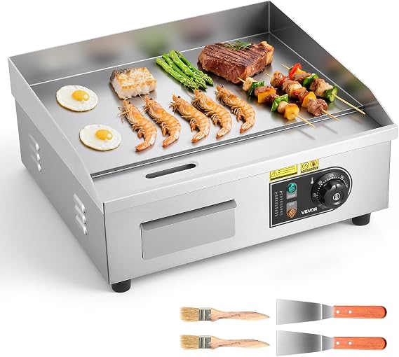 VEVOR Electric Griddle 2800 W 450 x 300 mm, Temperature Control 50 to 300 °C, Stainless Steel Countertop Grill with Flat Surface, 4 Foot Pads, for Meat and Pancakes