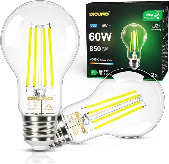 DiCUNO E27 LED Bulb Ultra Efficient Class A 4W, =60W, 4000K, Pack of 2 [Energy Class A]