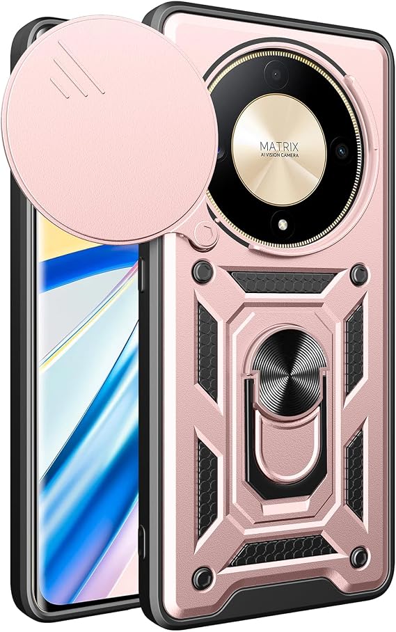 Honor Magic 6 Lite用電話ケース、頑丈なメタルリングスタンド&カメラカバー、ミリタリーグレードの耐衝撃保護、磁気カーマウントに適合ローズゴールド