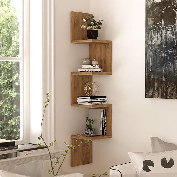 Shelf R9 Köşe Duvar Rafı Modern Kitaplık Atlantik Çam