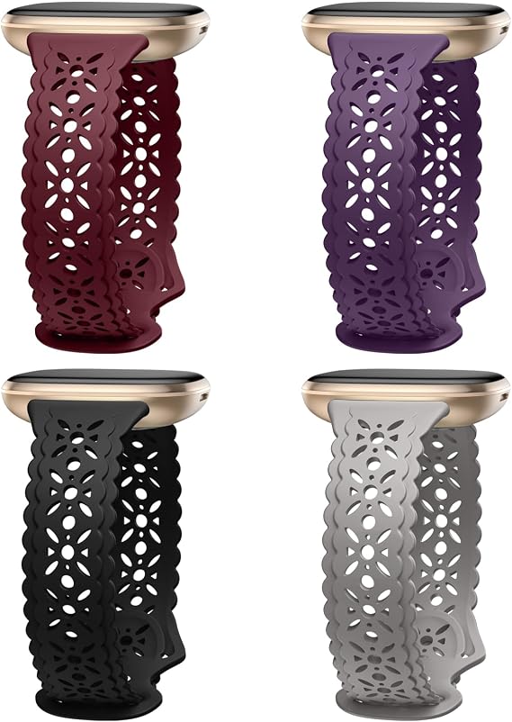 Dirrelo 4'lü paket Dantel Silikon Bant Fitbit Sense Bantları/Fitbit Versa 3 Bant Kadınlar/Fitbit Versa 4 Bantlar/Sense 2 Bantlar, Yumuşak Ultrathin Oyuk Spor Kayışı Yedek Bileklikler