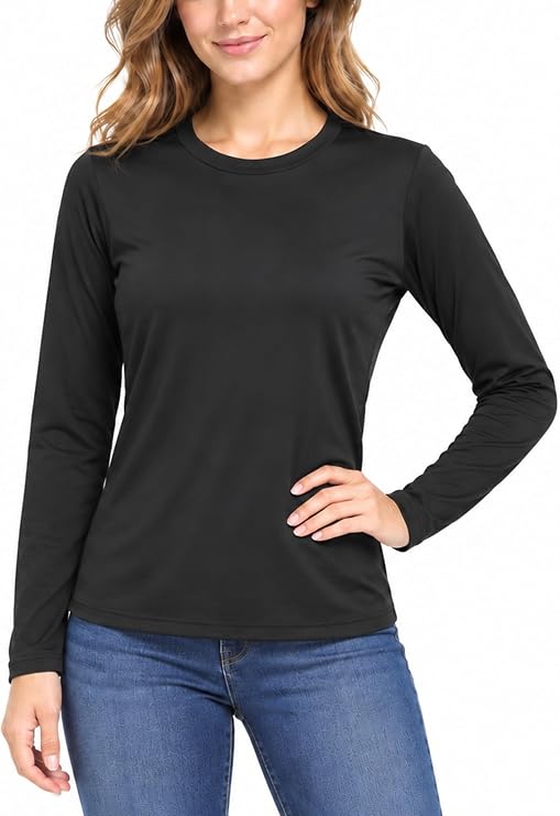 Womens Long Sleeve Basic Tops Crew Neck Thermal Shirts Stretch Fitted Underscrubs Layer Tee Black XXS-L
