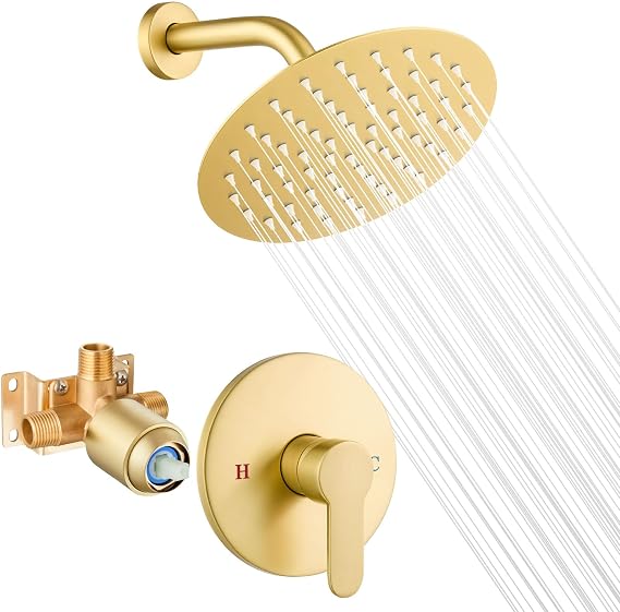 Airuida Single Function Shower Panel Set, Shower Faucet Set, Wall Mount 8 Inch Round Rain Shower Head and Handle Set, Single Lever Shower System Set with Male Thread, Valve, Brushed Gold