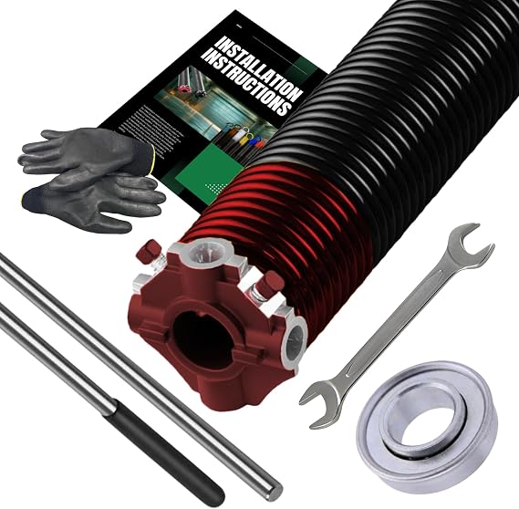 Garage Door Torsion Spring 2" Red 225 x 2 x 25 cm with Non Slip Wrap Rods, 1" Steel Bearing, Gloves and Wrench, Fixed Garage Door Torsion Spring, Min 30,000 Cycles