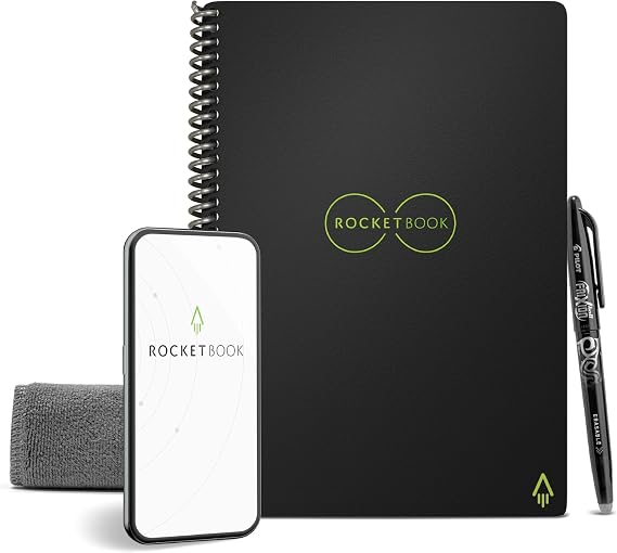 Rocketbook Reusable Digital Notebook - Smart Notepad A5 Black - Spiral Note Book To Do List Pad, Lined Paper with Frixion Erasable Pen and Wipe, Office Gadget with Rocketbook App, Reduce Paper Waste