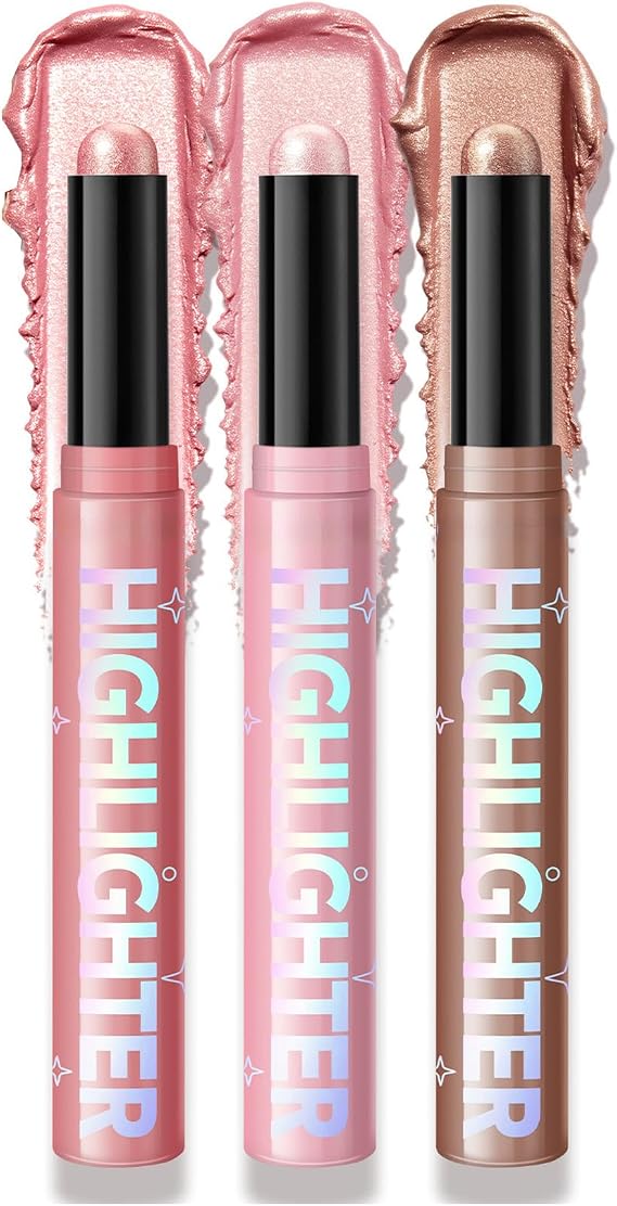 3PCS Shimmer Highlighter Sticks for Face, Eyes & Body, Pink Gold Bronze