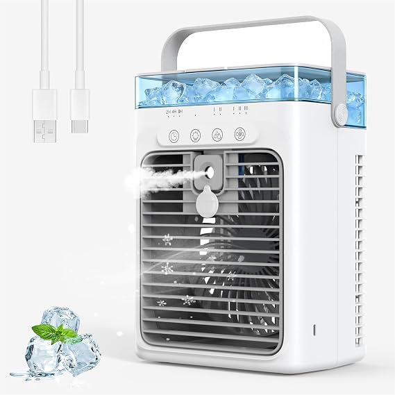 Portable Air Conditioner, Personal Evaporative Air Cooler, 3-Speed Small AC Fan, 8H Auto-off, Mini Air Conditioner, Mobile Air Conditioners for Car, Desktop, Camping, Bedroom, Office