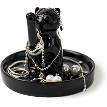 YOBRO Ceramic Waving Lucky Cat Jewelry Tray - Cute Ring Holder & Trinket Dish for Women, Girls | Kawaii Home Decor, Gift Idea for Her (Black)