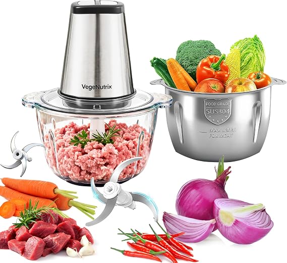 Food Processor 500W, Food Chopper with 2 Sets Blades, Meat Grinder with Dual 2L Bowls (Glass + Steel), Dishwashable Electric Chopper for Chopping Meat, Baby Food, Fruit, Vegetable, Nuts and More