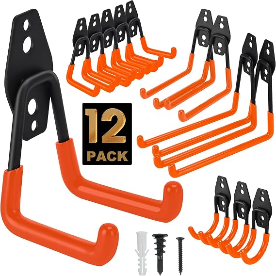TECHSHARE Garage Hooks, 12 Pack Heavy Duty Wall Hooks, 4 Sizes Storage Hooks for Garden Tools, Sports Equipment, Garage Organization