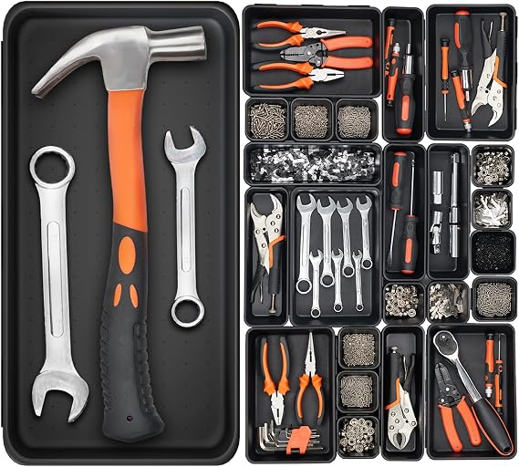 20 Pack (5 Sizes) Tool Box Organiser Trays, Plastic Tool Storage Drawer Organiser Dividers, Tool Chest Cabinet Trolley Cart Compartment Box for Small Parts, Diy, Toolbox