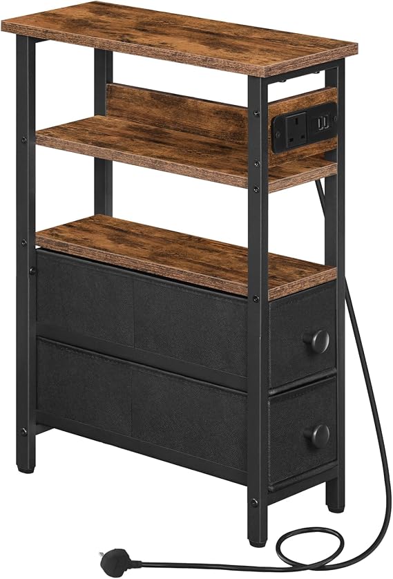 HOOBRO Side Table with Charging Station, Narrow Side Table with 2 Non-Woven Drawers, USB Ports and Power Outlet, 40 x 18 x 60 cm Slim Bedside Table for Small Space, Rustic Brown and Black EBF132KBZ01