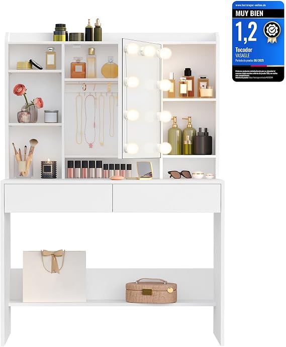 VASAGLE Dressing Table with 9 Bulbs, Strip, Mirror, 2 Drawers
