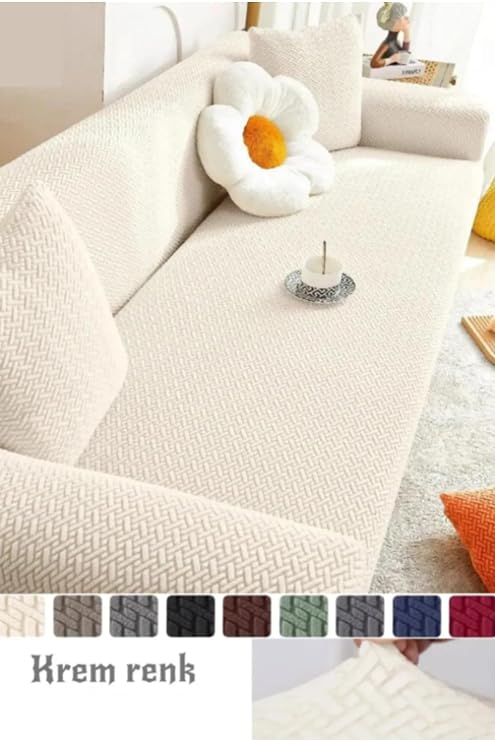 Tuğla Desen 3 Kişilik Lastikli Kanepe Örtüsü | Lastikli Koltuk Örtüsü | Koltuk Kılıfı krem 180 x 230