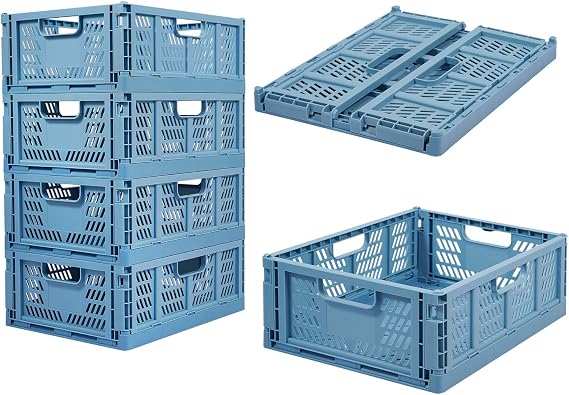4 Pack Plastic Storage Crates Foldable Shelf Storage Basket Bins for Food Fruit Vegetables Snacks Bottles Toys Toiletries, Home Kitchen Office Storage Box Pantry Organization Cabinet Organizer