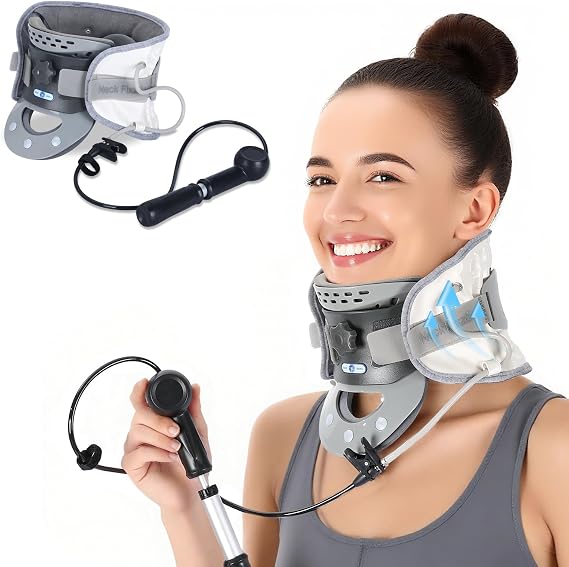 Cervical Neck Traction Device with Air Pump, Neck Stretcher for Neck Pain Cervical Traction Device for Home Use, Neck Decompression Device for Improved Spine Alignment & Relaxation