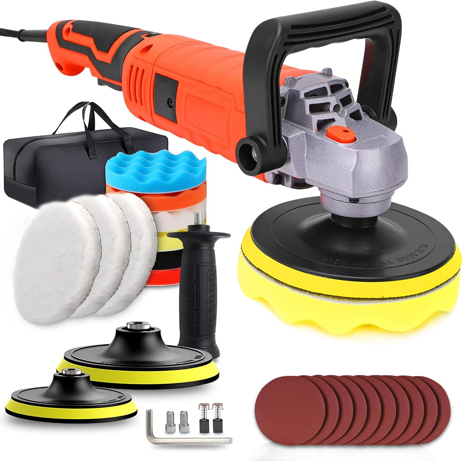 Buffer Polisher, 7 Variable Speed 1000-3500 RPM, Rotary Polisher with 6" and 7" Backing Plate, 1580W, Red, Metal, Automotive, POLISHING_Buffing_Tool