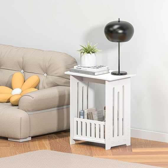 White Narrow Side Table with Storage Shelf Basket, 34x22x40cm Thin Bedside Table, End Tables, Space Saving Bedside Cabinets, Small Nightstand for Living Room, Bedroom, Bathroom, Balcony, Sofa(2-Tier)