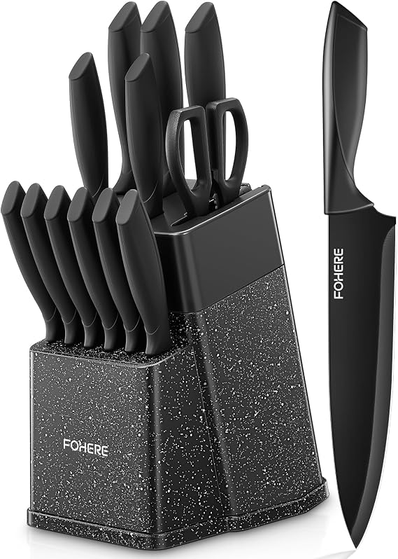 FOHERE Kitchen Knives Set with Integrated Sharpener, 13 Pieces Black Non-Stick Coating Kitchen Knives with Ergonomic Handle and Stainless Steel, Black Granite