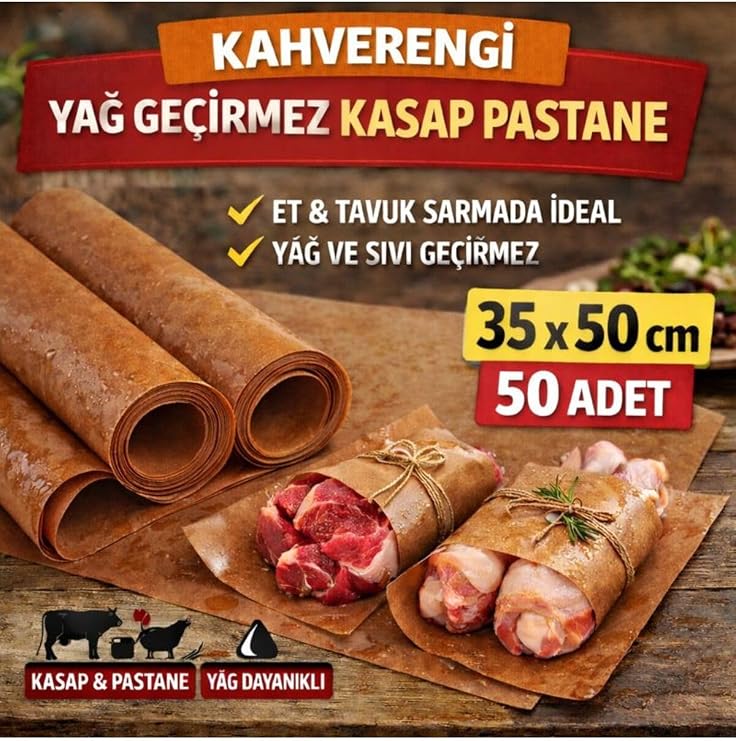 Kahverengi Yağ Geçirmez Kasap Pastane Kağıdı 35x50 cm Et Tavuk Sarma 50 Adet