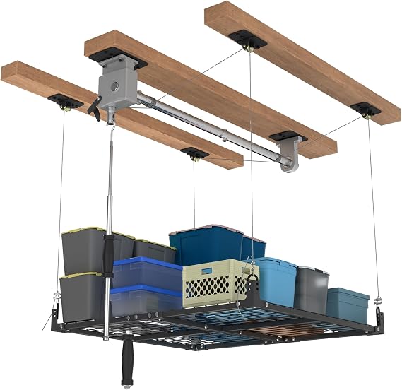 4x4FT Heavy Duty Garage Ceiling Storage Rack, Overhead Storage Lift 400lbs Capacity, Adjustable Hanging Ceiling Mounted Organizer with Hand Crank for Garage Workshop