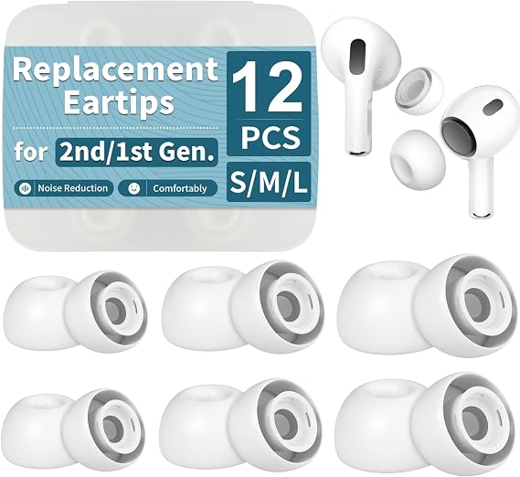 6 PairsReplacement Eartips for AirPods Pro 2nd Gen / 1st Generation, Silicone Ear Tips with Noise Isolation, Dust Guard Mesh & Storage Case S/M/L