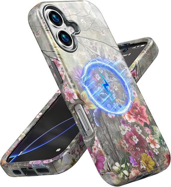 iPhone 16用ケース、耐衝撃落下防止保護電話Magsafeワイヤレスバンパーカバー、落下防止、高耐久保護ハイブリッド、アンチスクラッチ、オイルフラワー用に設計
