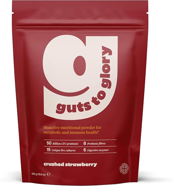 Guts to Glory - Gut Health Blend Made in UK with wholefoods - 50 Billion CFU Complete Gut Powder - Probiotics, Prebiotics/Fibre, Digestive Enzymes - Vegan Gut Health - (Crushed Strawberry)