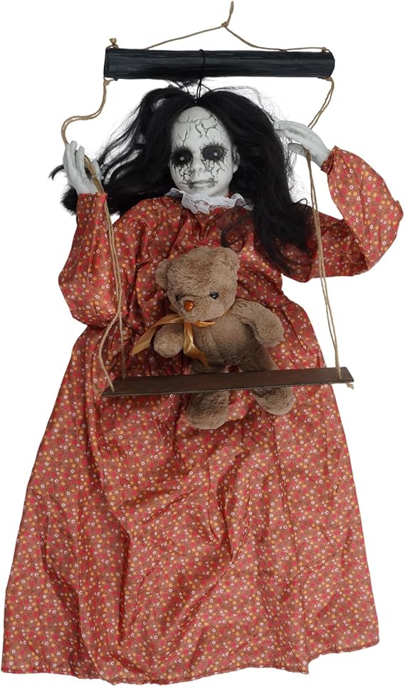 Voice Activated Haunted Hanging Doll with Sounds & Light-Up Eyes for Yard Halloween Displays Motion Activated Glowing Ghostly Ornament with Creaky Sound Effects