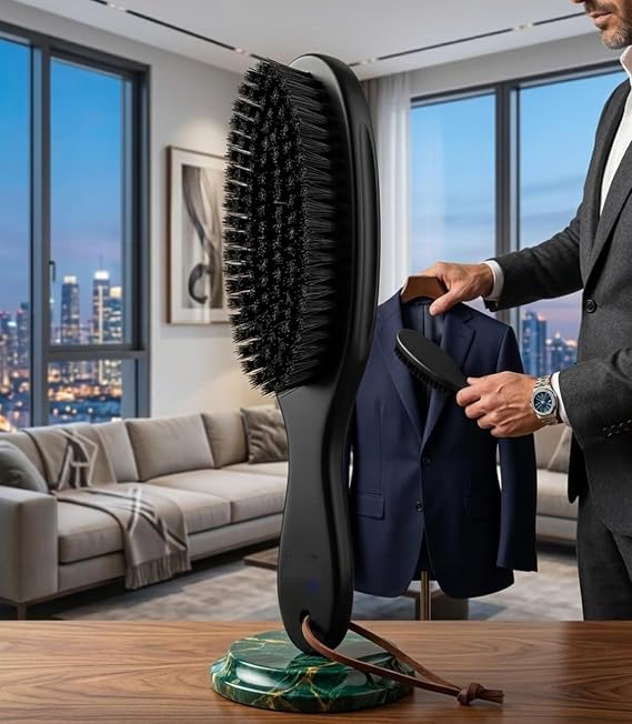 Transformacion Elbise Fırçası, Siyah, Ahşap Saplı, Bristol Kıllar, Deri Askılı, Pantolon ve Ceket Bakımı, 25 cm