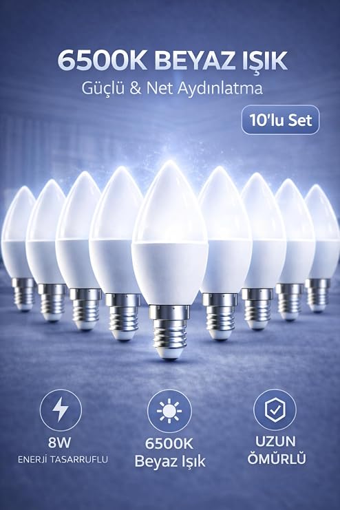 Edison 8W LED Ampul E14 Duy 6500K Beyaz Işık Mum Tipi, 10'lu Set [Enerji Sınıfı A]