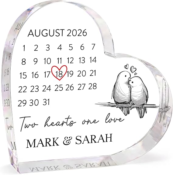Beecreative Personalised Wedding Anniversary Special Date Gifts, 1st Anniversary Husband Wife, One Year Together Girlfriend, Acrylic Heart With Grey Bag