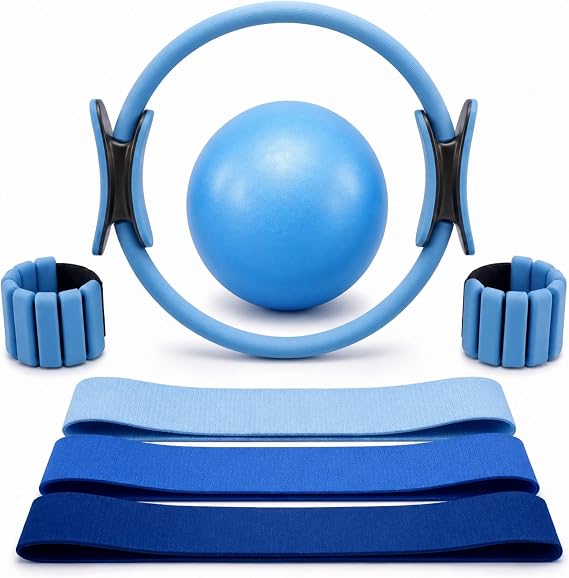 Pilates Equipment - Magic Circle Ring, Pilates Ball, Ankle/Wrist Weights and Resistance Bands Set Accessories for Exercise, Gym, Yoga, Home and Travel Full Body Workout Kit Women and Men