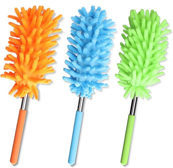 3 Pack Microfibre Extendable Duster Microfiber Duster for Cleaning Washable Dusting Brush with Telescoping Pole Feather Duster for Home Office Car Window Furniture Blue Green Orange
