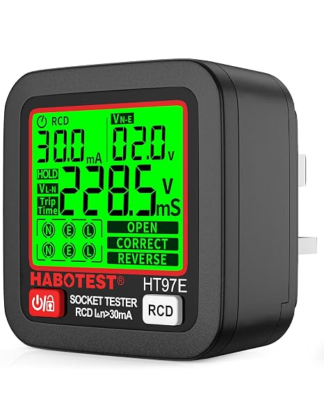 Socket Tester RCD Plug Outlet Tester UK, Electrical Receptacle Detector with LCD Display, 30-260V Power Socket Automatic Electric Circuit Polarity Voltage Detector Plug Breaker Finder 6 Indication