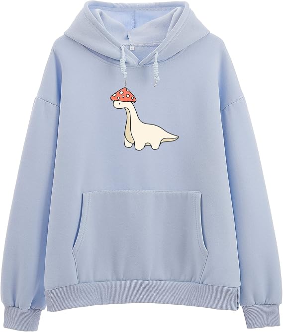Oversized Cute Mushroom Dino Print Hoodies for Womens Kawaii Cartoon Sweatshirt Teen Girls Cotton Fleece Sweaters