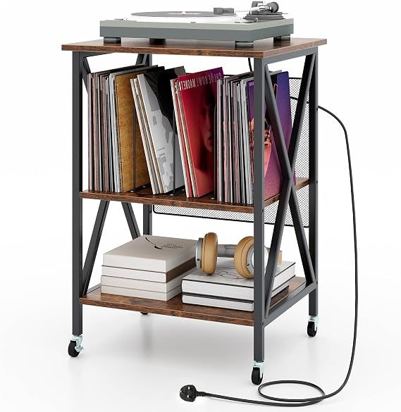 COSTWAY Record Player Stand, Rolling Turntable Stand End Sofa Side Table with Dividers, Shelf & Wheels, Albums Vinyl Record Storage Cabinet for Living Room Bedroom (with Charging Station, Brown)