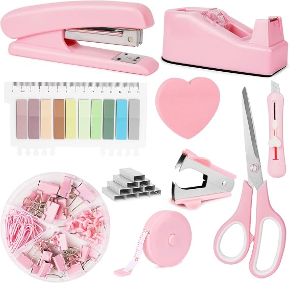 OFFCUP Desk Accessories Set, Office Supplies Kit, Includes Stapler, Tape Dispenser, Staple Remover, Staples, Clips, Scissor, Box Cutter, Tape Measure and Sticky Notes Students, Coworkers (Pink)