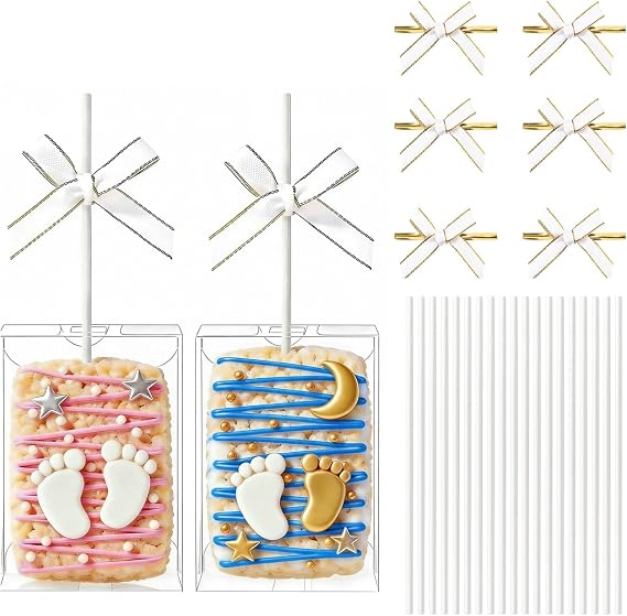30Set Clear Rice Krispie Treat Boxes with Stick and White Tie & Clear Boxes White Stick White Ties for Cakesickle,Treat,Party Favors & 3.5x2.4x 1.38 Inches