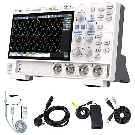 OWON ADS824A Digital Oscilloscope 4-Channel 200MHz, 12-Bit High-Precision, 700k wfms/s, 50Mpts Record Length, Multi-Touch, CAN/LIN Decoding, FFT, HDMI USB Type-C for Automotive & Lab Use.