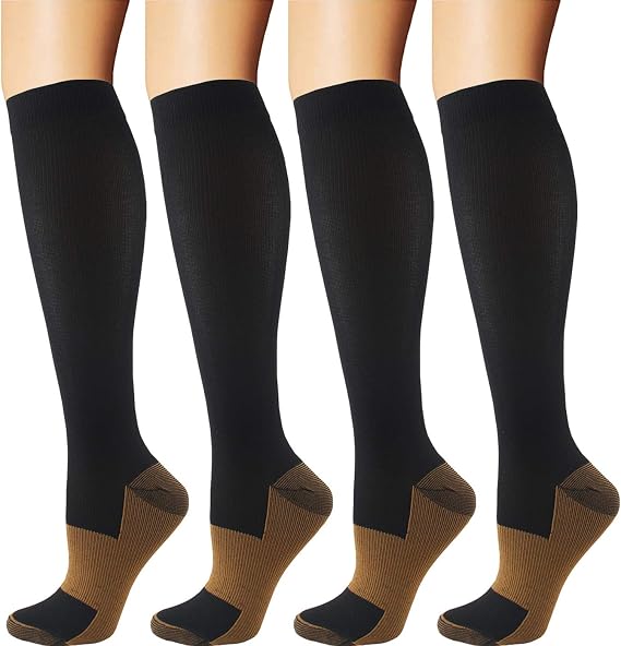 4 Pairs Copper Compression Socks for Men & Women 15-20 mmHg Medical Graduated Compression Stockings for Sports Running Plantar Fasciitis Nurses Shin Splints Diabetic