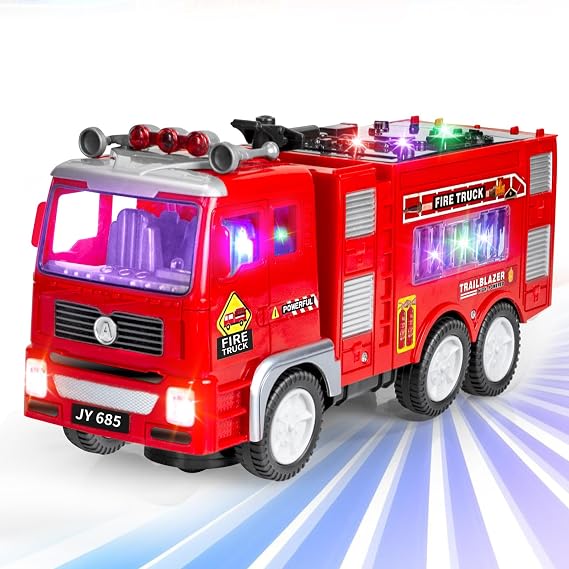 Fire Engine Truck Toys for 3 4 5 6 Year Olds Boy Toddler, Bump and Go Firetruck with Flashing 4D Lights & Real Siren Sounds, Rescue Car Toys Gifts for Kids 3-8 Boys Girls