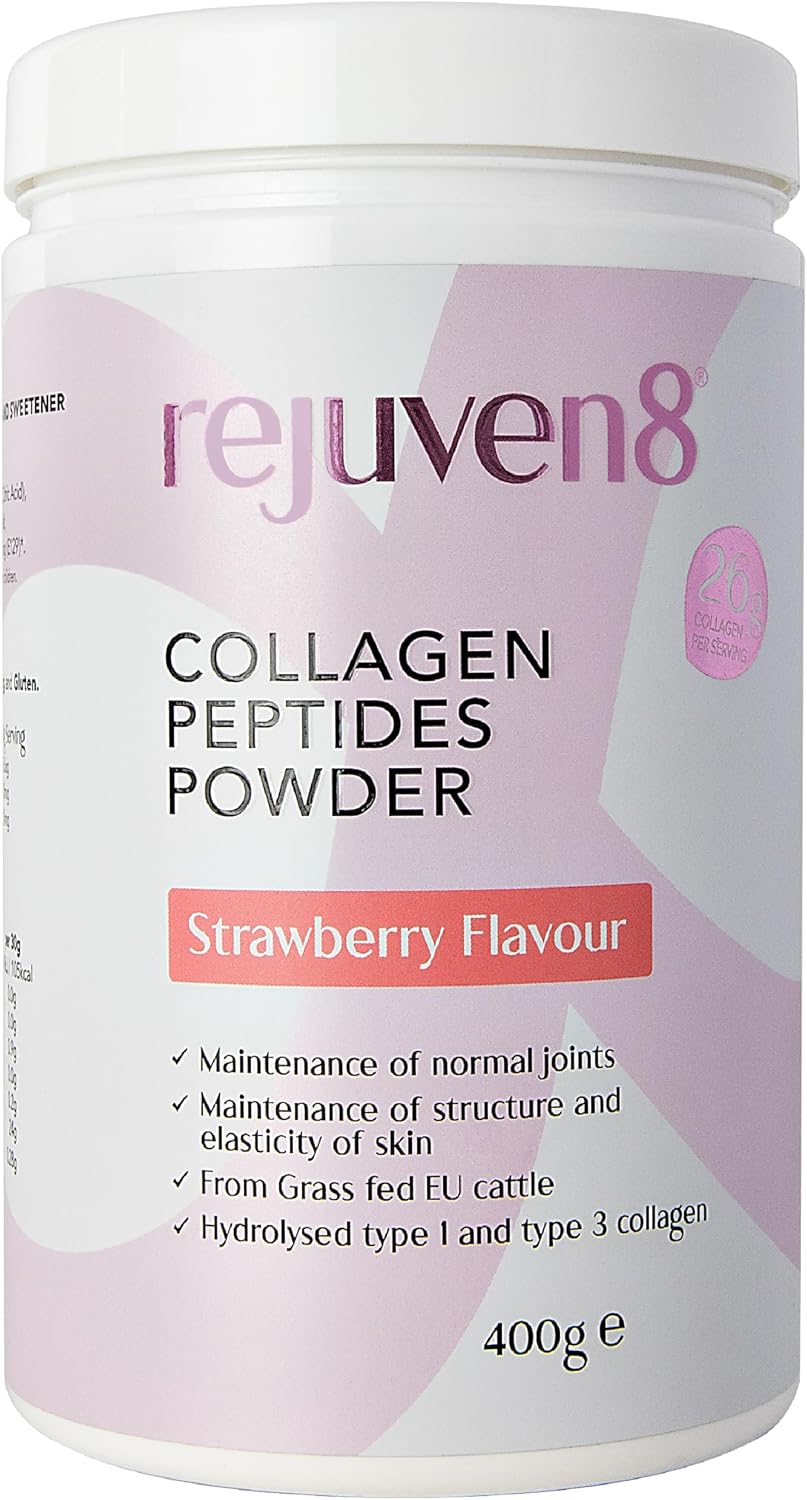 Rejuven8 Collagen Peptides Powder - 400g Strawberry Flavour - 26g of Collagen and 24g of Protein Per Serving - Grass Fed Bovine Collagen Powder for Women & Men - Protein Collagen Powder